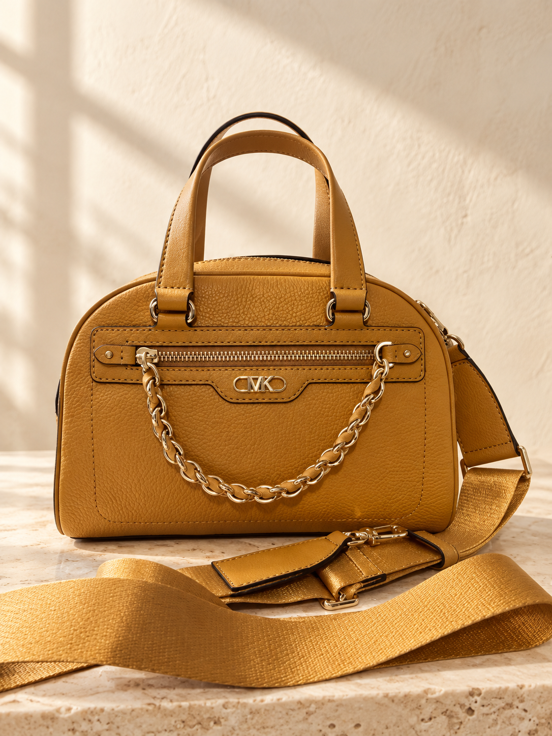 Michael Kors Williamsburg Small Bowling Satchel — Golden Rod — cream and beige studio background