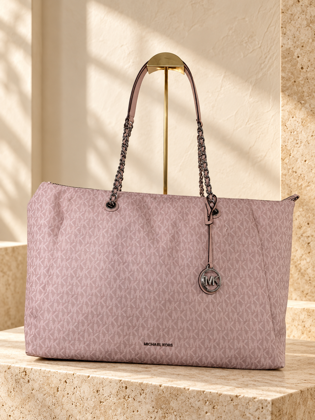 Michael Kors Georgia Large Top-Zip Tote — Smokey Rose — cream and beige studio background