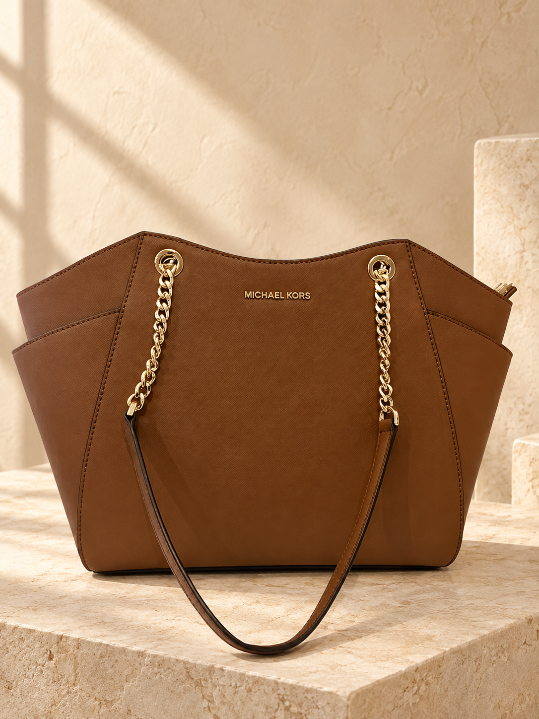 Michael Kors Karlie Large Tote — Brown — cream and beige studio background