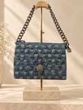 Kurt Geiger London Kensington Denim Puff Three Pouch — Blue Hearts — warm cream studio