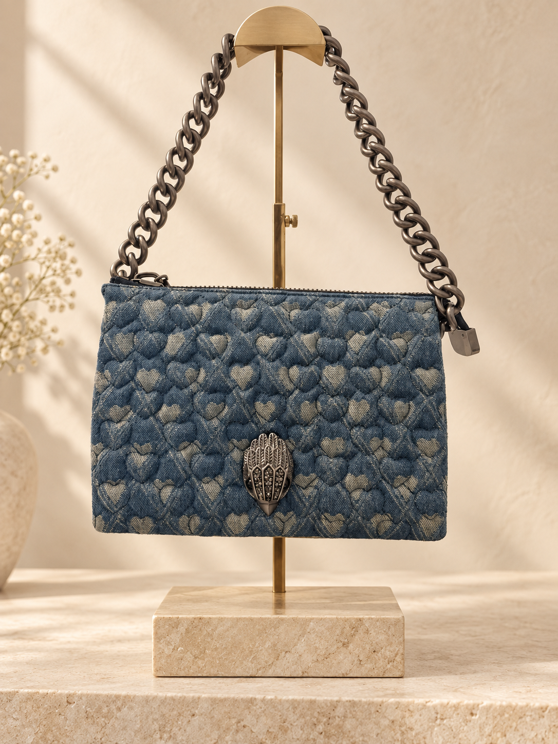 Kurt Geiger London Kensington Denim Puff Three Pouch — Blue Hearts — warm cream studio
