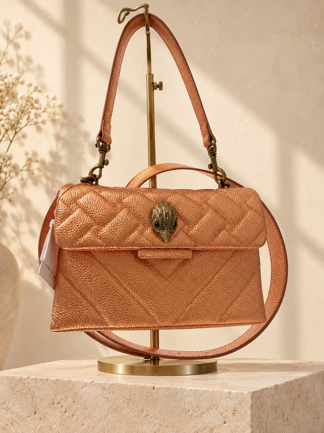 Kurt Geiger London Medium Metallic Convertible Crossbody — Peach — warm cream studio