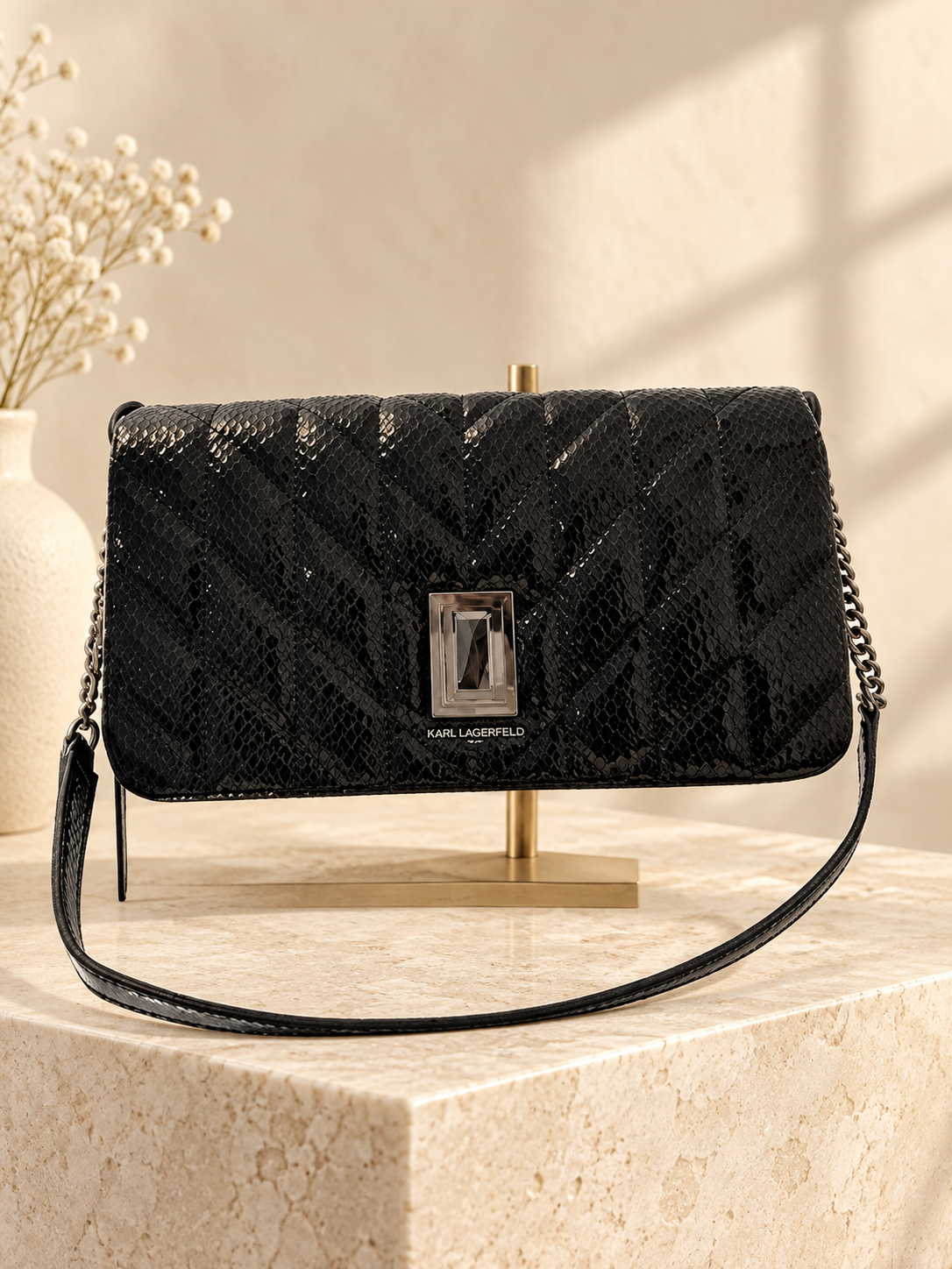 Karl Lagerfeld Paris Lafayette Shoulder Bag — Black/Snake — warm cream studio