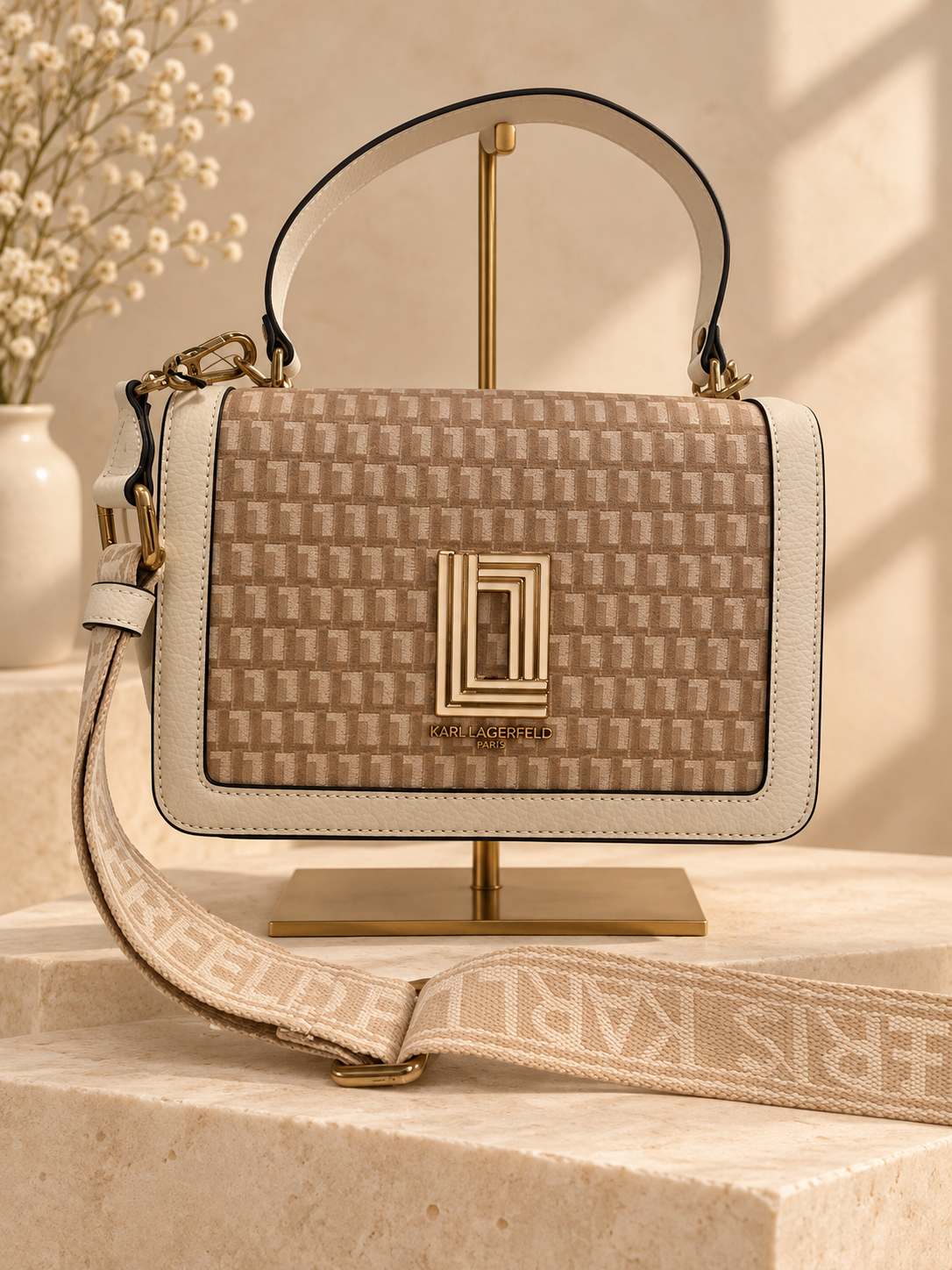 Karl Lagerfeld Paris Simone Monogram Flap Crossbody — Vanilla Khaki/White — warm cream studio